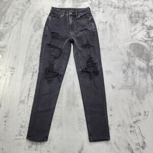 American Eagle Jeans Womens 000 Black High Rise Mom Distressed Tapered Stretch